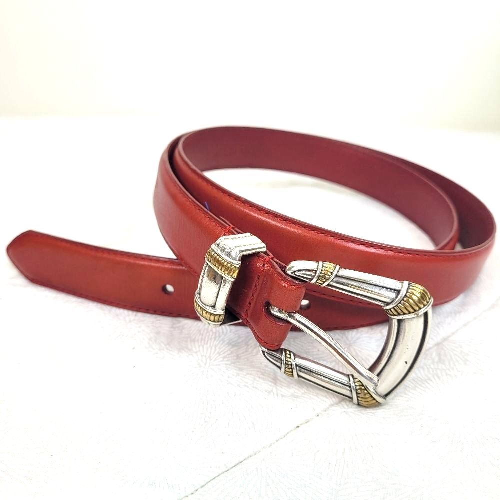 Fossil Thin Red Leather Belt with mixed metal buckle silver and gold colorful L